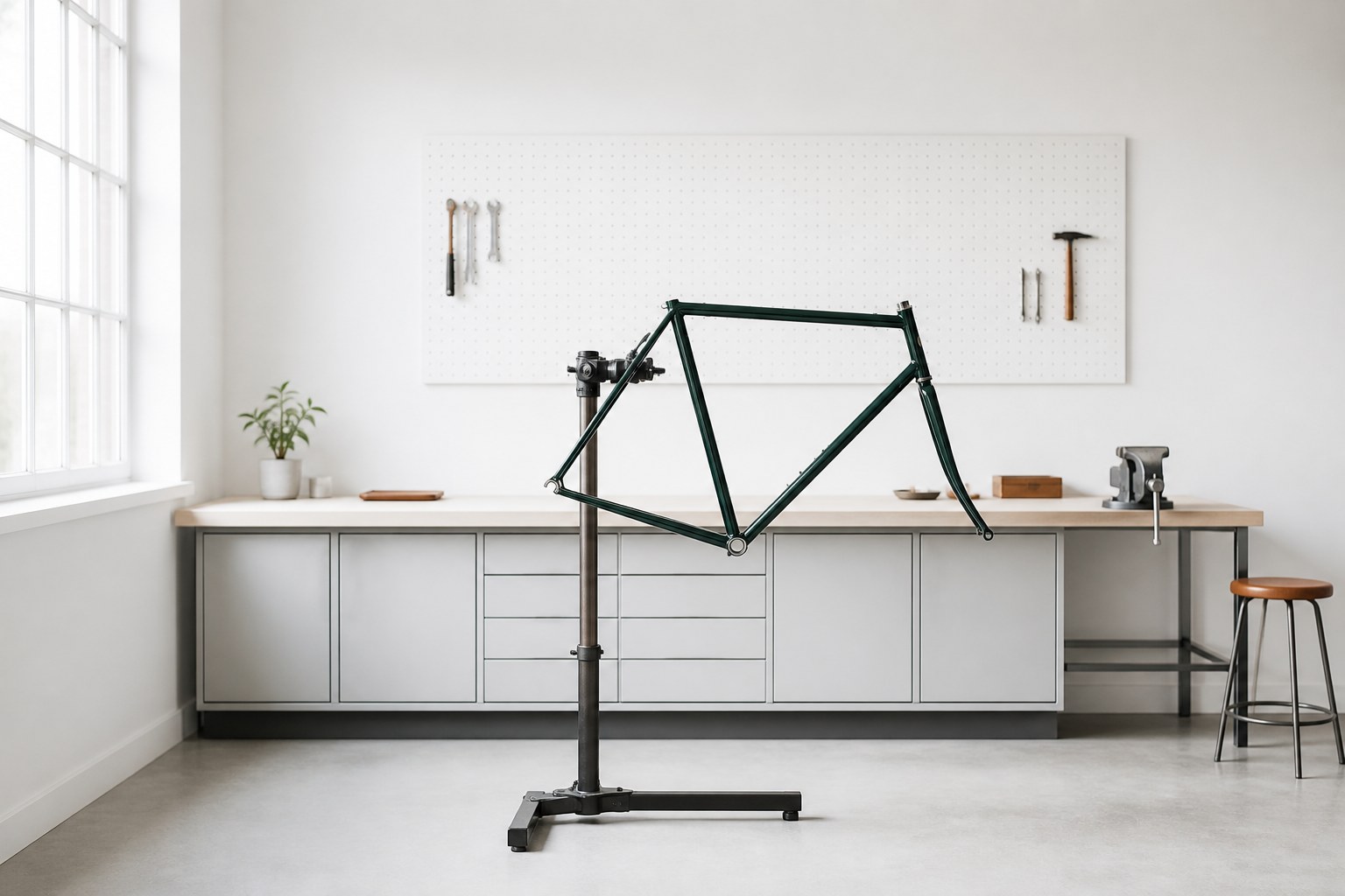 Clean bicycle restoration workshop with a green frame on a stand